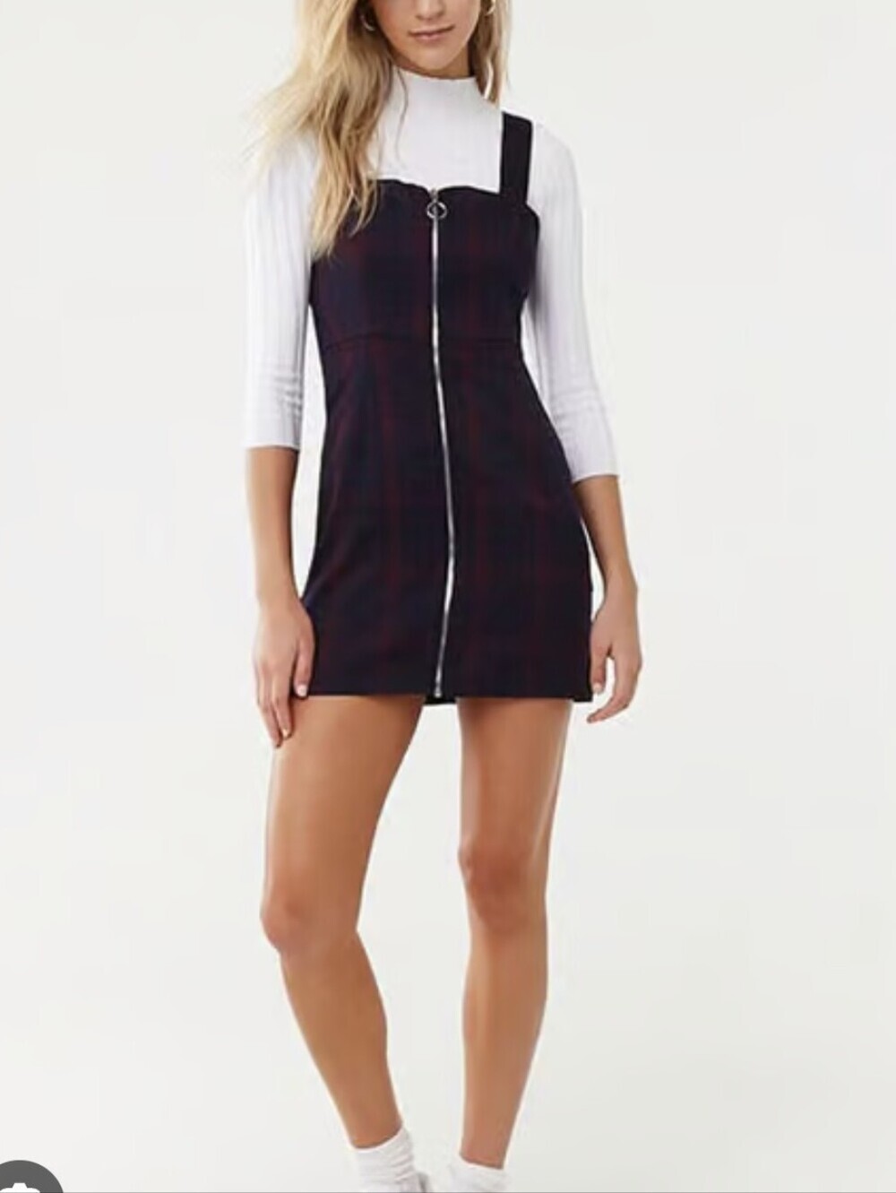 Forever 21 Navy and Burgundy Plaid Zip Pinafore Mini Dress Sz S Preppy